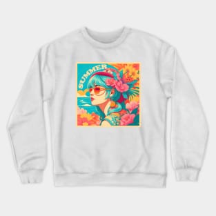 vintage pop-art Summer girl on flower beach Crewneck Sweatshirt